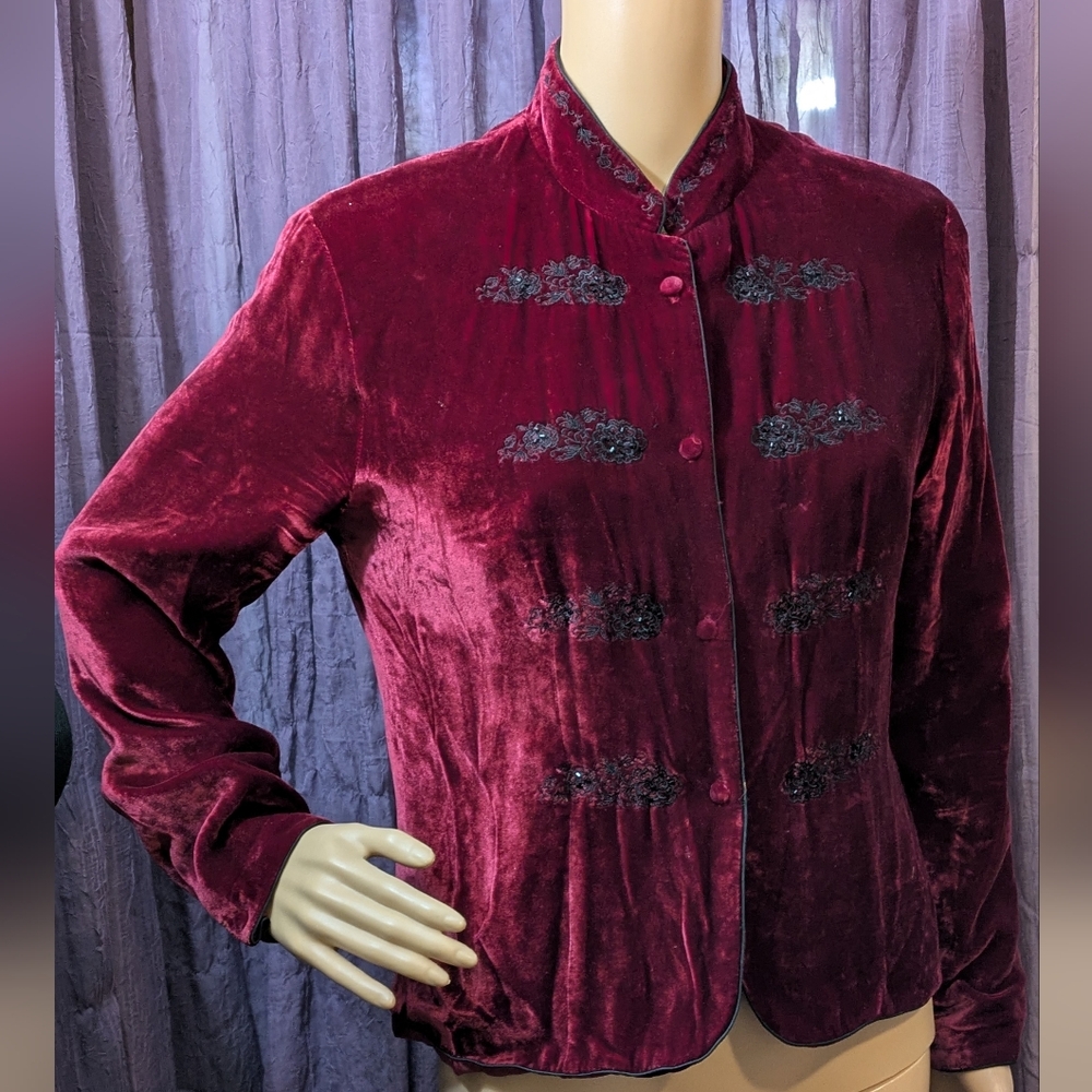 Velvet Silk Blend Burgundy Jacket with Black Embroidery Size Medium